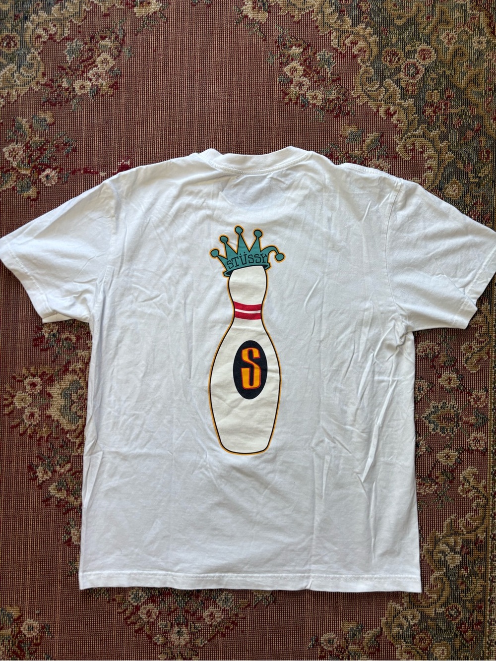 Stussy White Tee with Bowling Pin Crown Graphic